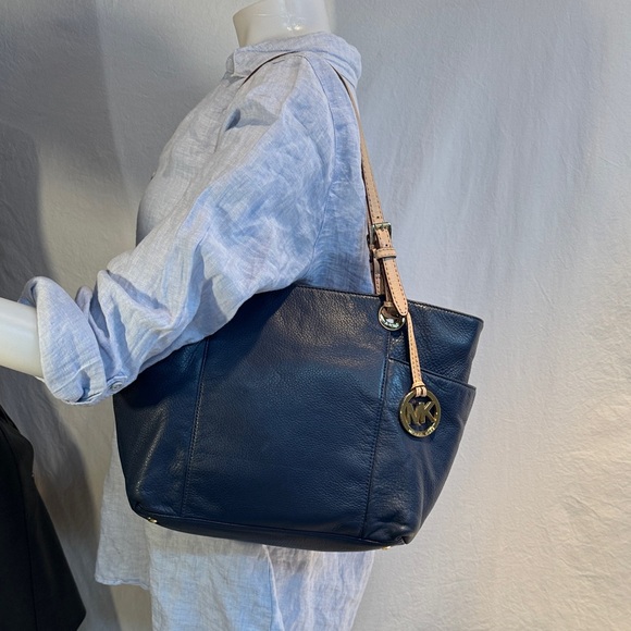 Michael Kors Dark Blue Tote with Tan Straps - Picture 5 of 13